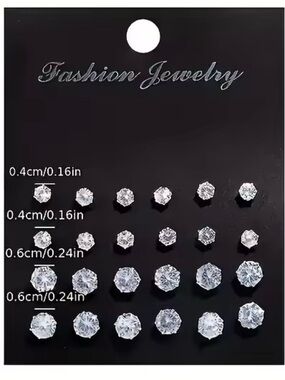 NEW Fashion Jewelry Clear Round Crystal CZ Stud Earring Sets - 12 pair in bulk